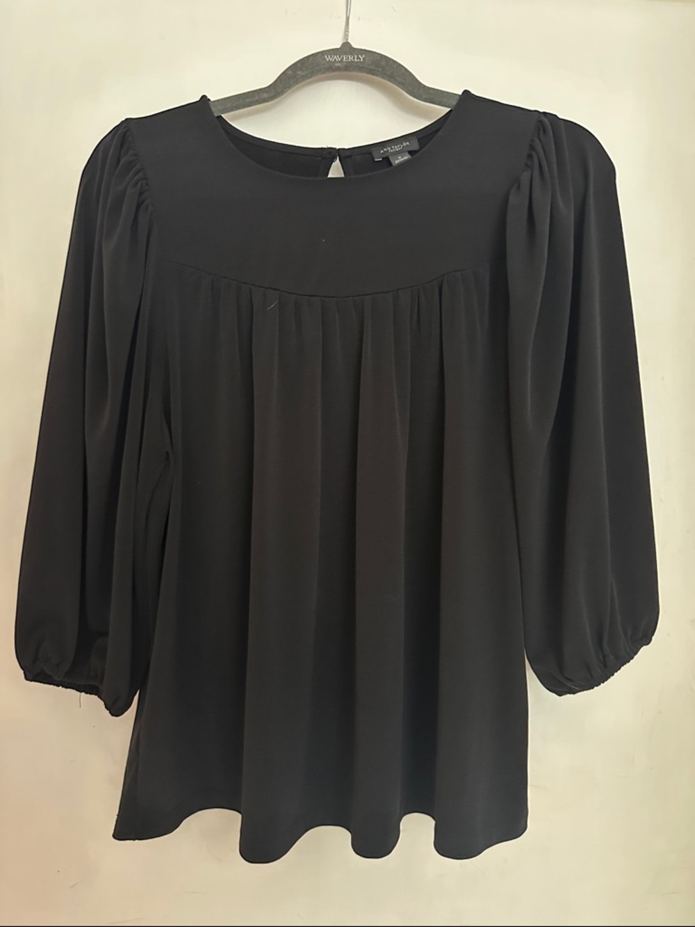 Ann Taylor Factory Black Gathered Yoke Blouse with 3/4 Balloon Sleeves